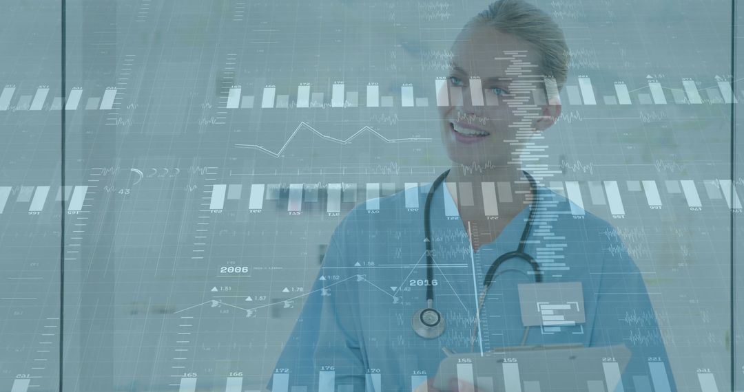 Healthcare Professional Analyzing Futuristic Digital Data Graphics