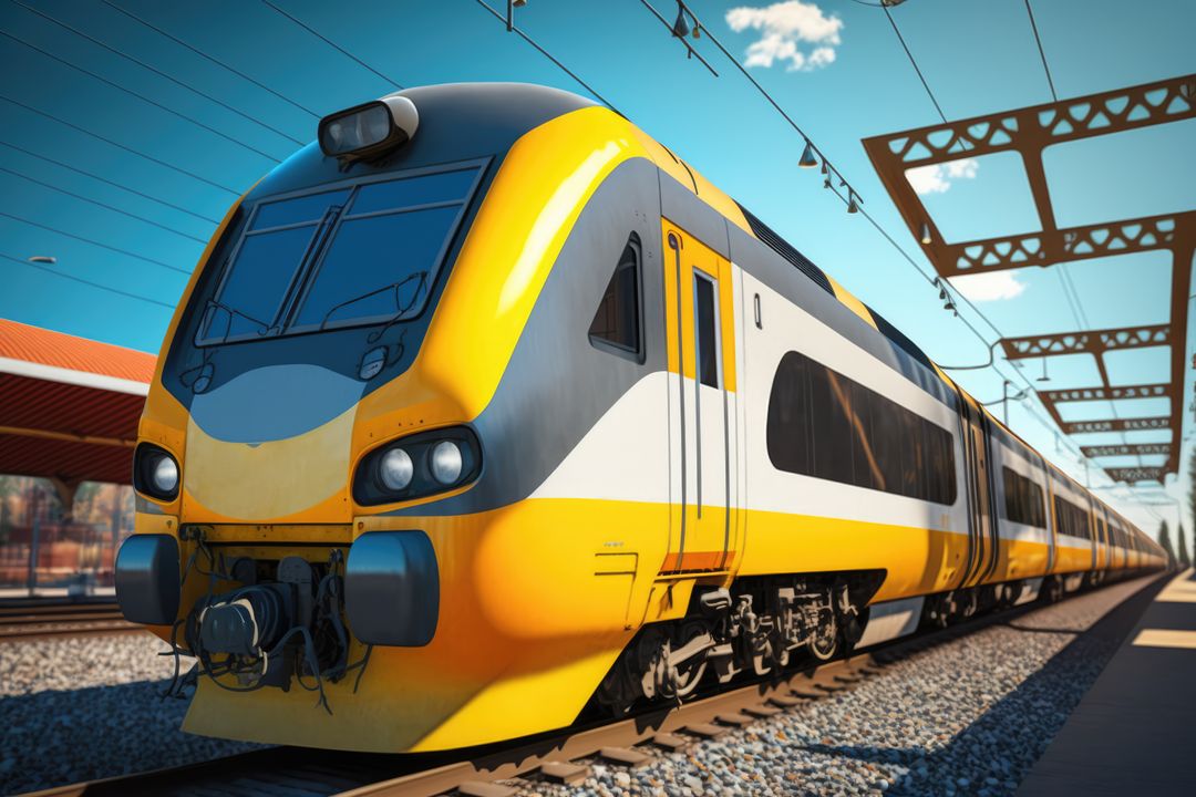 Image of modern yellow train on tracks at station, created using generative ai technology - Free Images, Stock Photos and Pictures on Pikwizard.com