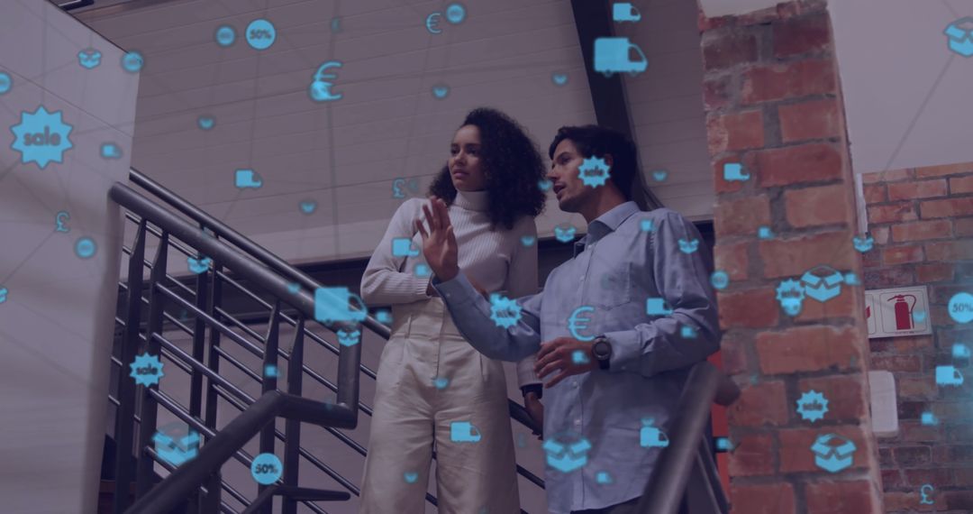 Diverse Colleagues Discussing Work Surrounded by Digital Connections Icons