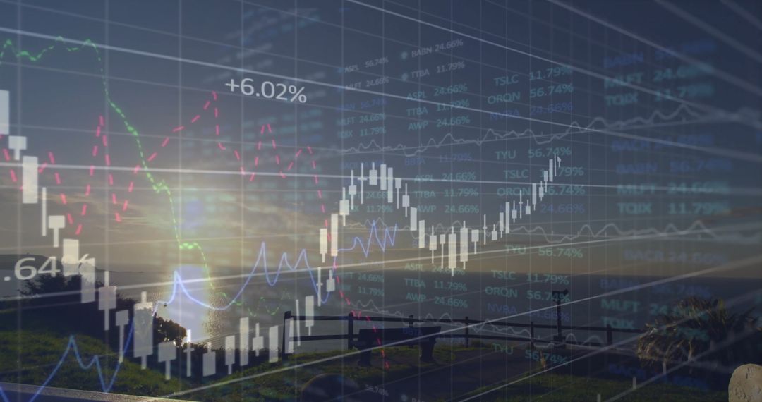 Financial Data Overlay on Serene Seaside Promenade at Sunset