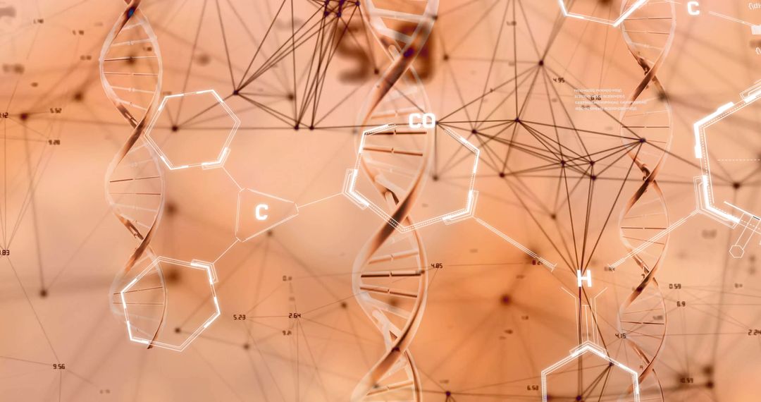 Abstract DNA Strands and Chemical Formulas on Orange Background