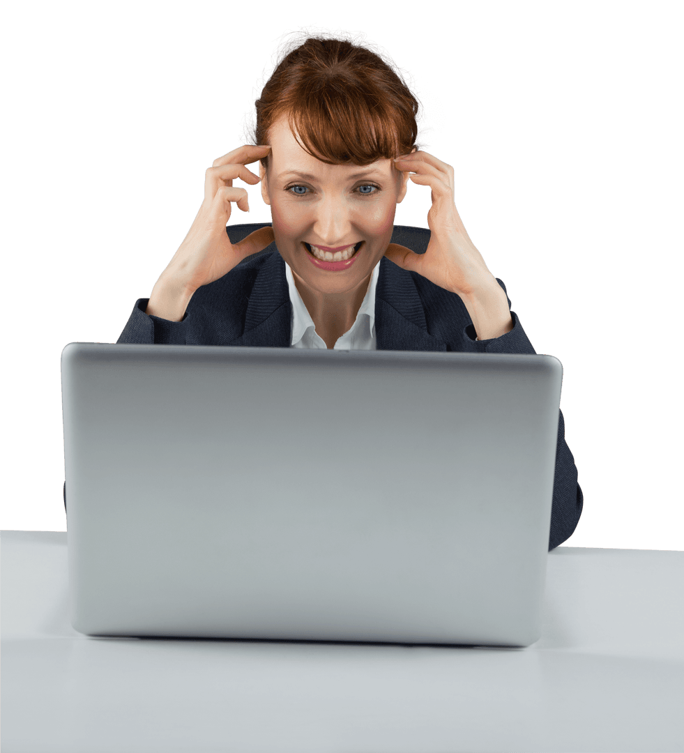 Caucasian Businesswoman Vibrant Expression Using Laptop on Transparent Background