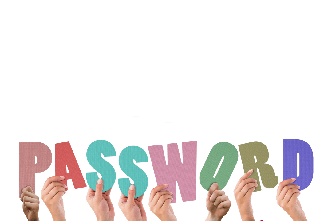 Multiple Hands Holding Colorful Letters Forming Transparent Password