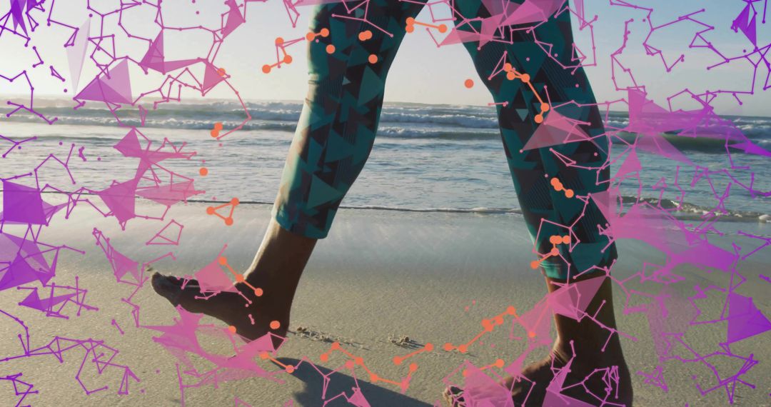 Active Senior Woman Walking on Beach with Abstract Overlay