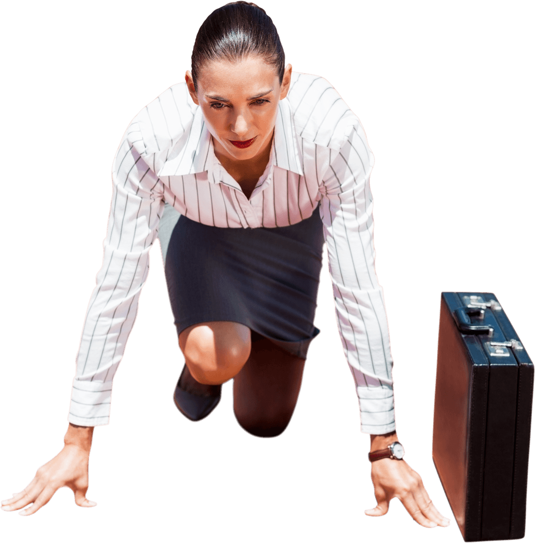 Caucasian Businesswoman Ready to Sprint with Briefcase on Transparent Background
