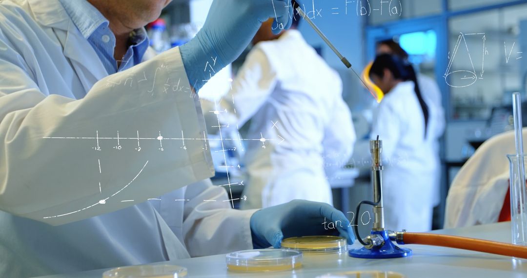 Scientists Collaborating in Laboratory with Digital Math Overlay