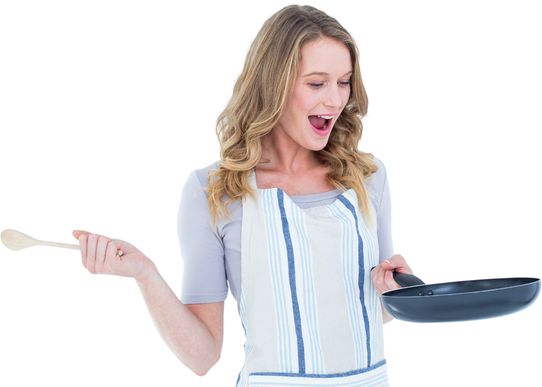 Cheerful Woman Holding Transparent Frying Pan with Wooden Spoon - Download Free Stock Images Pikwizard.com