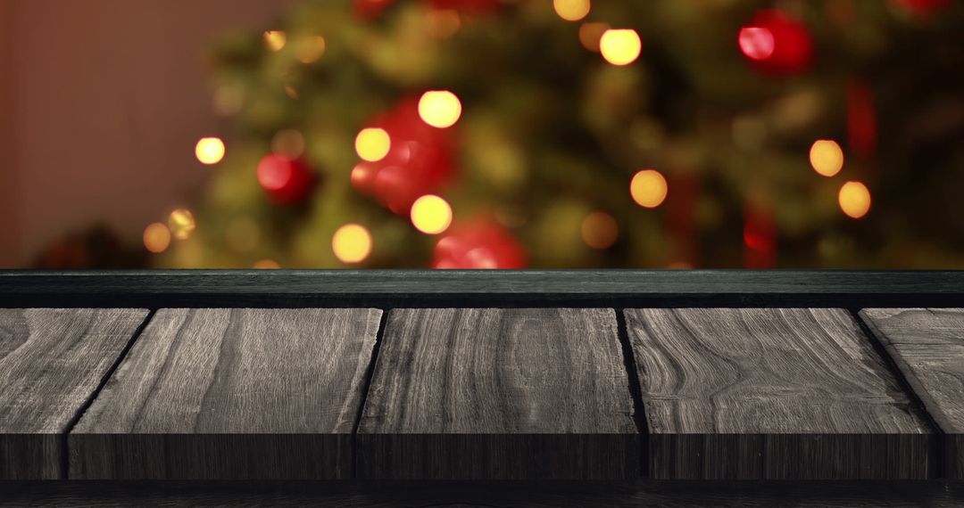 Wooden Table with Festive Bokeh Christmas Tree Lights