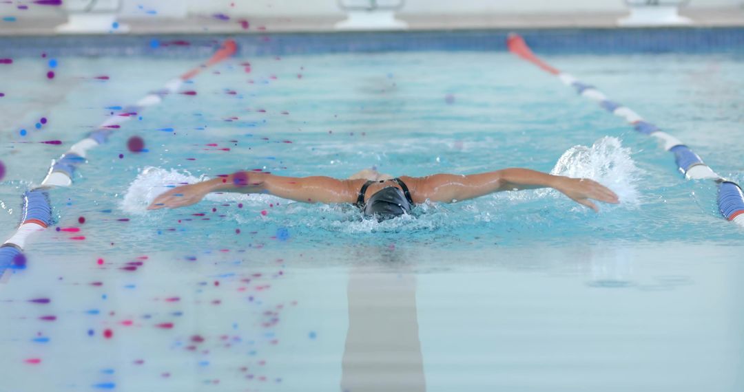 Competitive Female Swimmer Executing Butterfly Stroke in Lane Pool During Training Session
