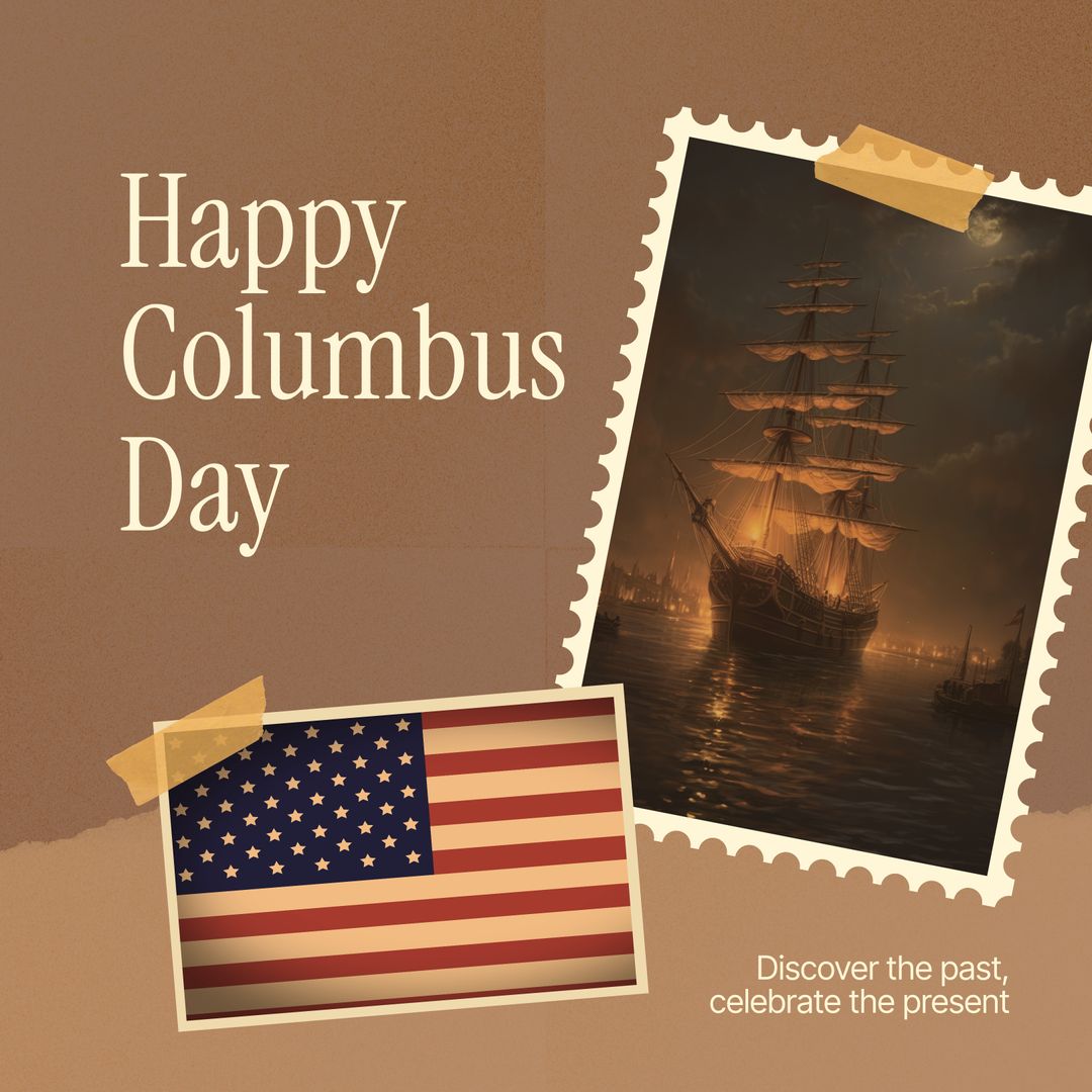 Columbus Day Celebration Postcard with Ship and USA Flag