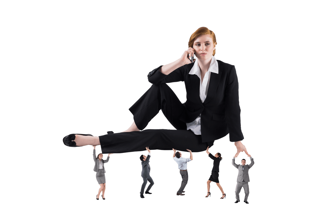 Transparent Businesswoman Multitasking on Phone with Tiny Colleagues