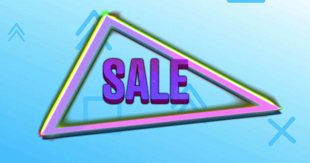 Purple Sale Text with Neon Triangles on Blue Background