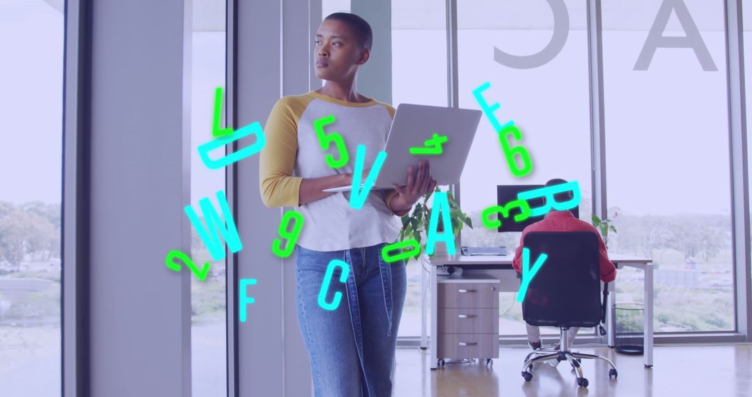 Office Workers Analyzing Data with Digital Interface Overlay