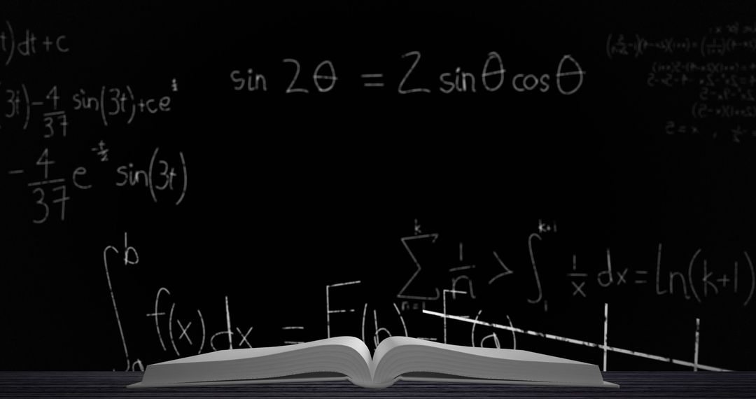 Open Book with Floating Mathematical Equations on Chalkboard