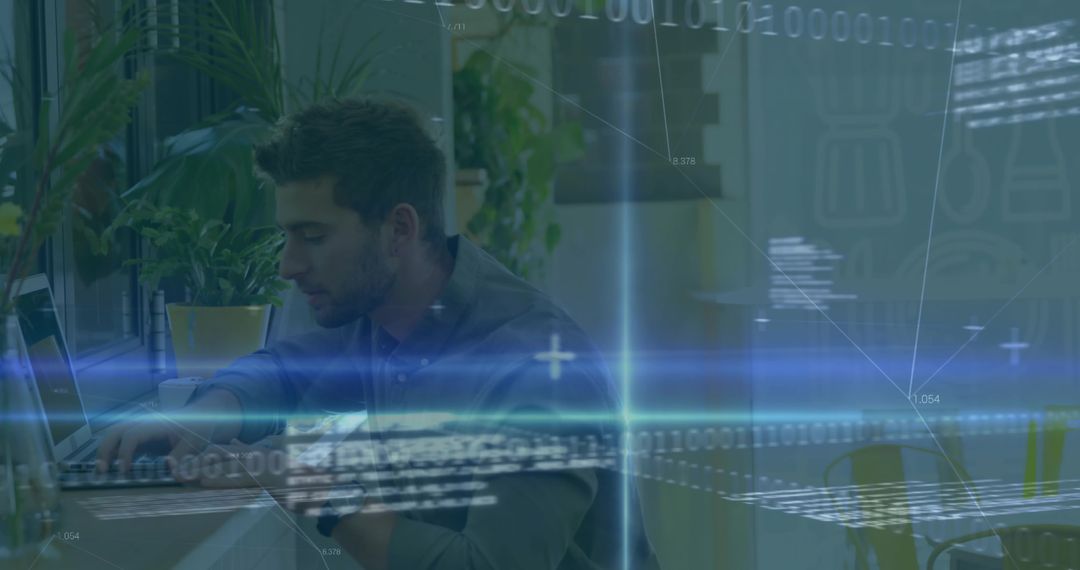 Male Software Developer Coding in Modern Office with Digital Overlay