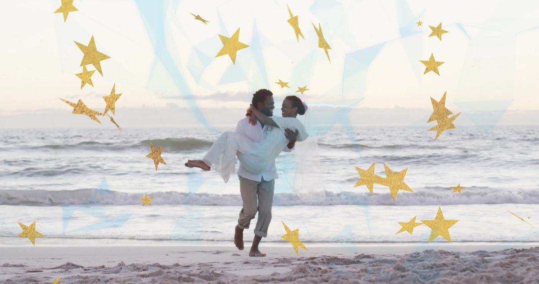 Romantic Couple Walking on Beach in Summer, Starry Overlay
