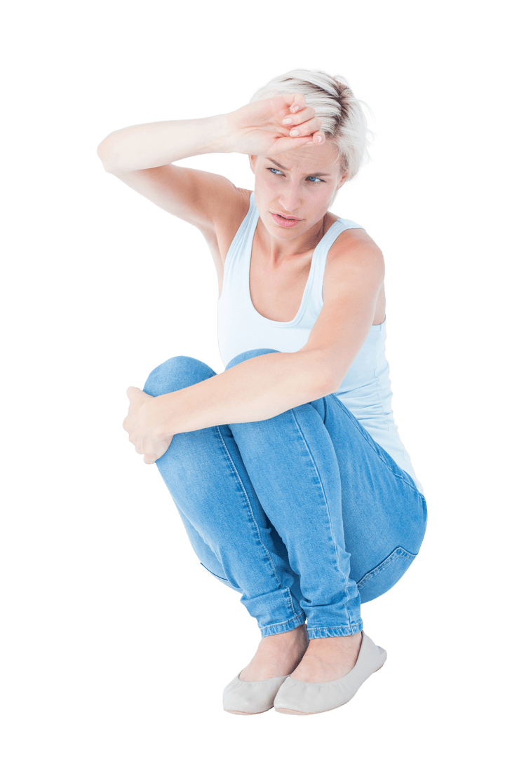 Transparent Crouching Woman Shielding Eyes Blick