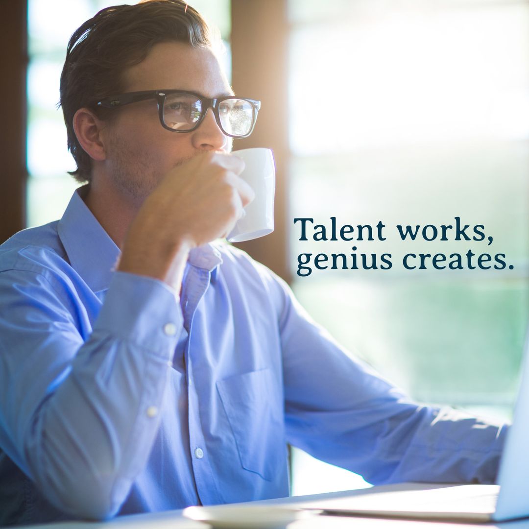 Focused Man Sipping Coffee at Work Desk with Motivational Quote - Download Free Stock Templates Pikwizard.com