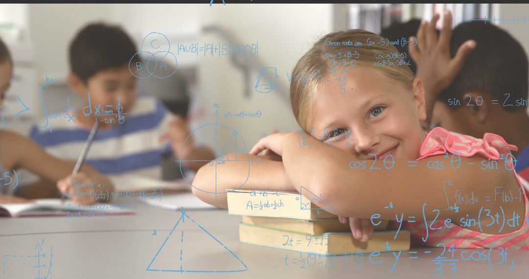 Image of math formulas over happy caucasian girl with book at school - Free Images, Stock Photos and Pictures on Pikwizard.com