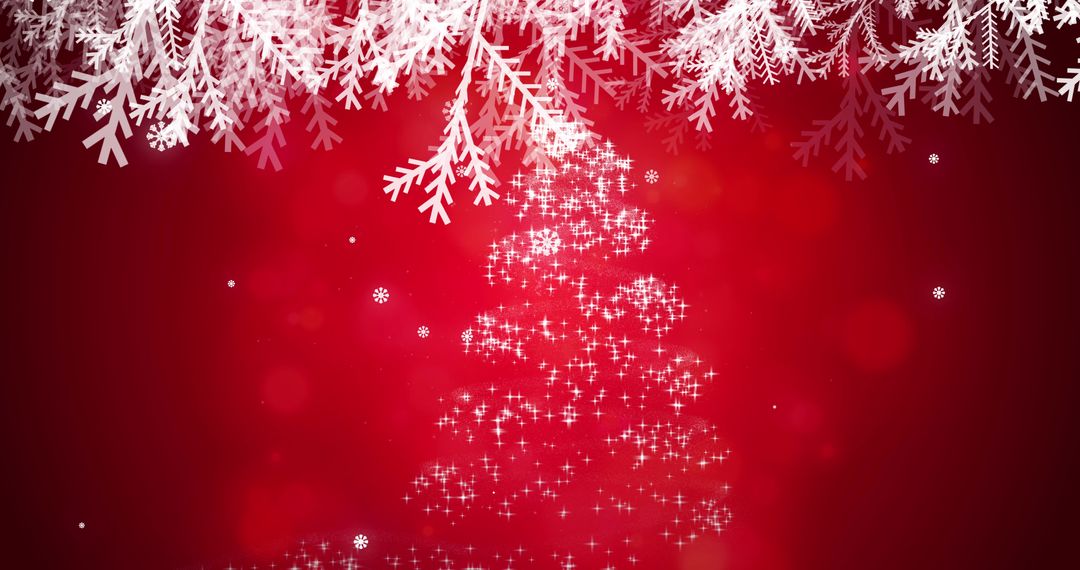 Sparkling Christmas Tree Formed by Snowflakes on Red Background