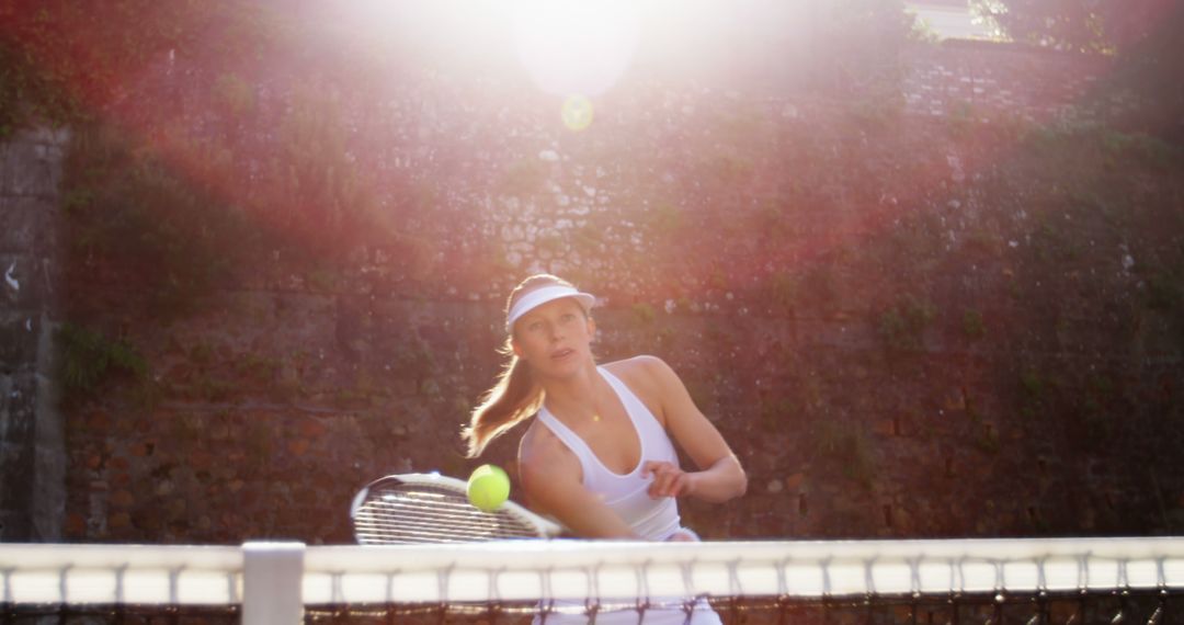 Woman playing tennis under bright sunlight exuding intensity and focus - Free Images, Stock Photos and Pictures on Pikwizard.com