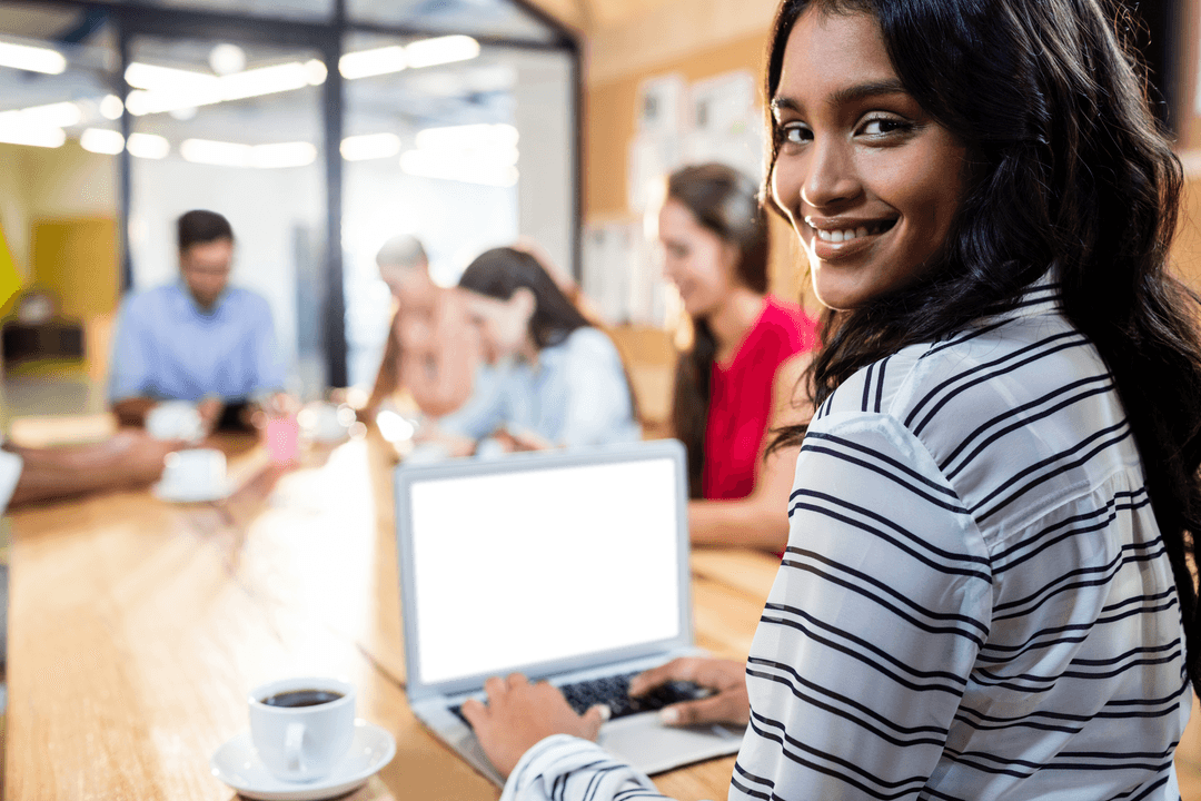Transparent Focused Businesswoman Smiling at Office Laptop
