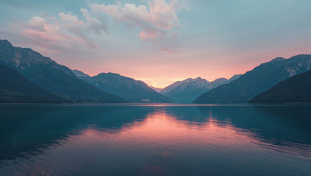 Tranquil Alpine Lake with Sunset Reflected in Calm Waters