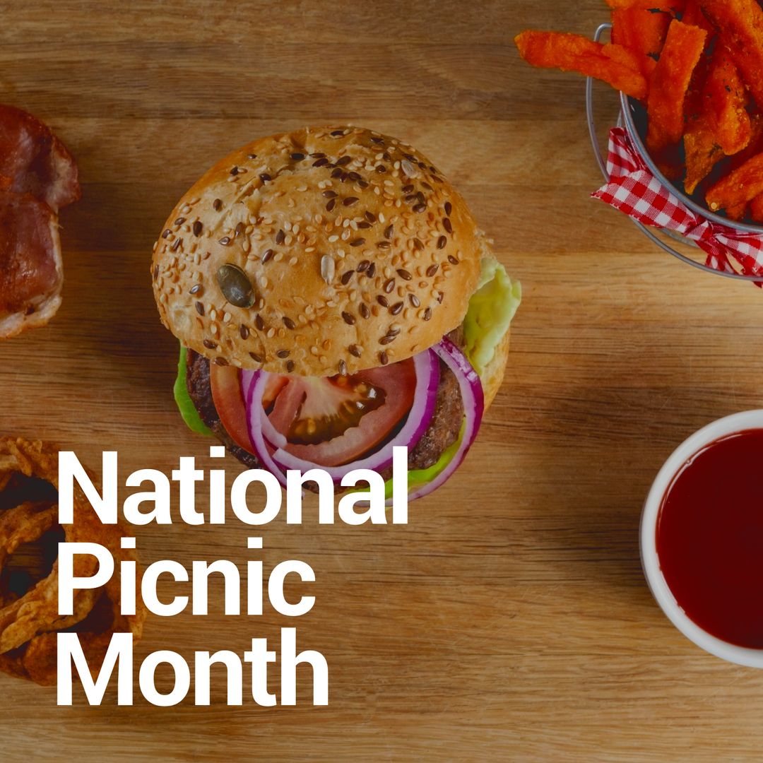 National Picnic Month Celebration with Burger, Fries, and Sauce - Download Free Stock Templates Pikwizard.com