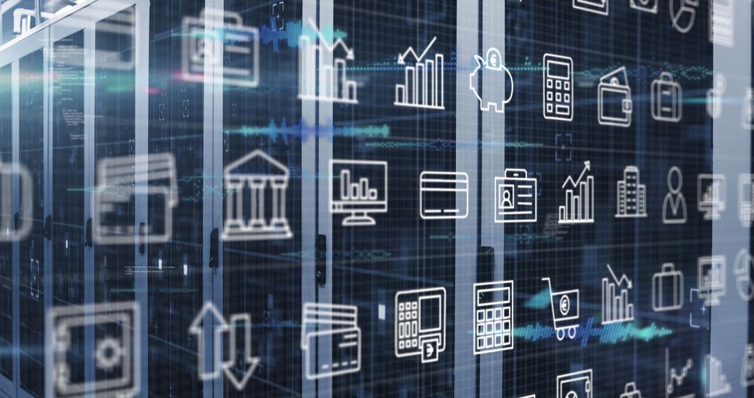 Digital Icons Overlay on Modern Data Center with Server Racks