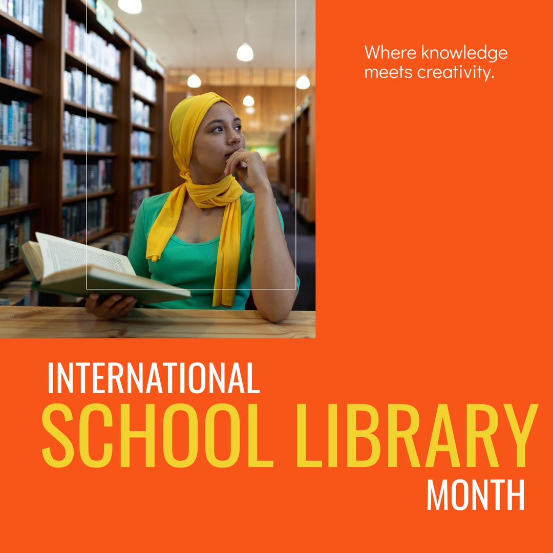 Pensive Woman in Hijab Reading in Library for International School Library Month