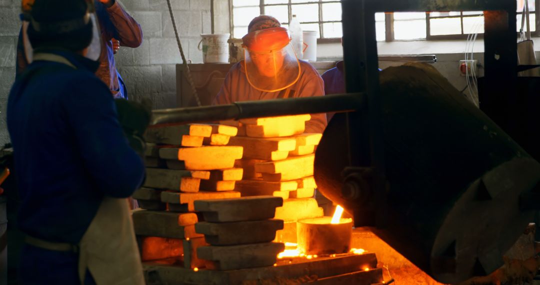 Workers Wearing Safety Gear in Industrial Foundry with Molten Metal - Free Images, Stock Photos and Pictures on Pikwizard.com