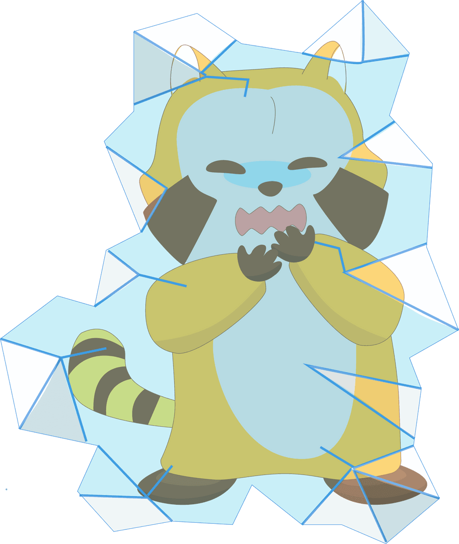 Cartoon Raccoon trembling with jagged ice shards, transparent background art