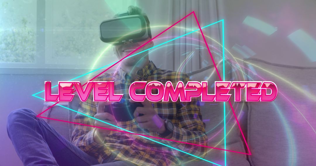 Gamer Celebrating VR Achievement with Level Completed Overlay - Free Images, Stock Photos and Pictures on Pikwizard.com