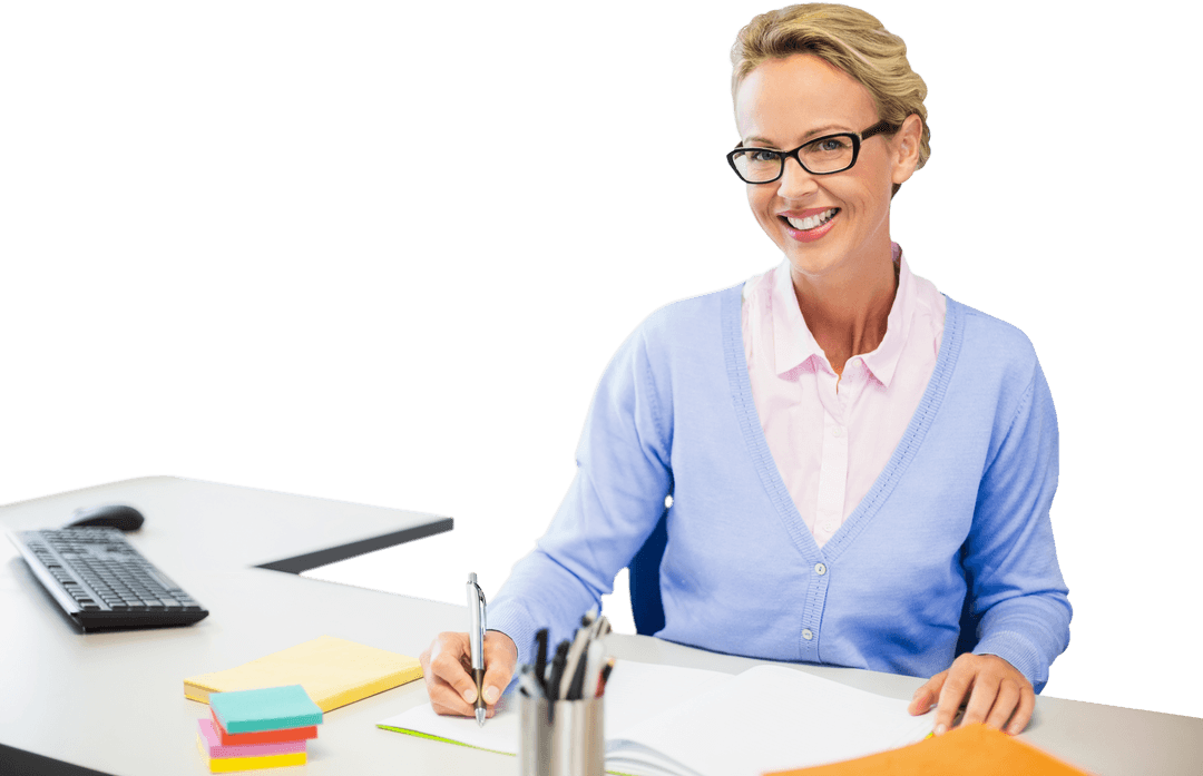 Smiling Teacher Writing on Notebook in Academic Setting Transparent Background