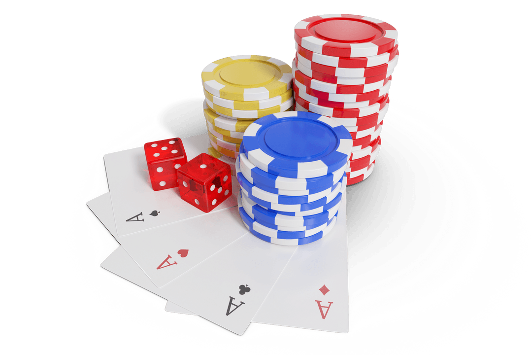 Transparent Casino Tokens with Playing Cards and Dice Arrangement