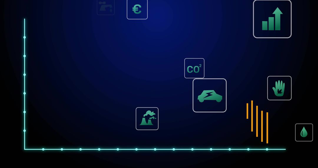 Glowing teal axis displaying sustainability dashboard with CO2, electric car, energy icons