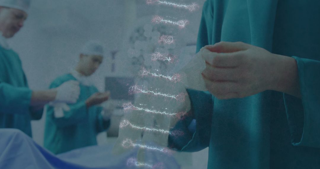 Surgeons Preparing with DNA Strand Overlay in Operating Room