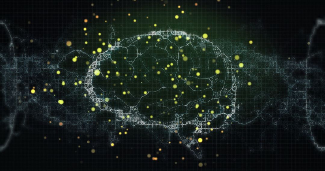 Digital Brain Emitting Glowing Particles on Dark Backdrop