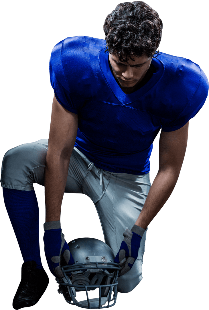 Transparent Football Player Pondering with Helmet in Hand