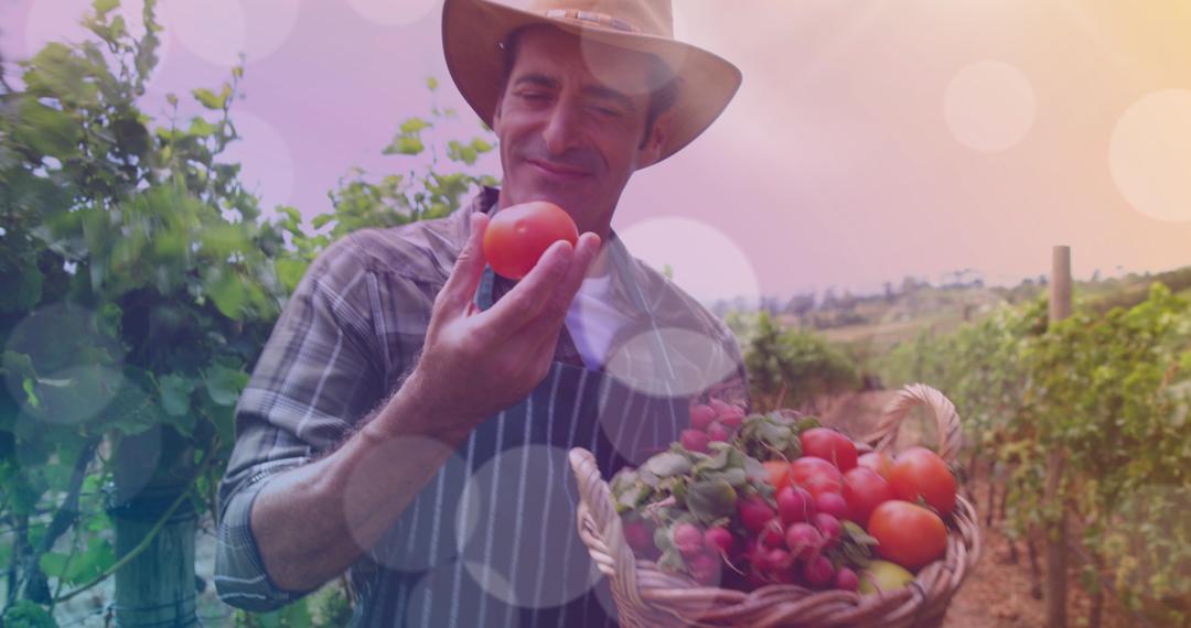 Caucasian Farmer with Fresh Tomatoes, Celebrating National Vegetarian Week - Free Images, Stock Photos and Pictures on Pikwizard.com