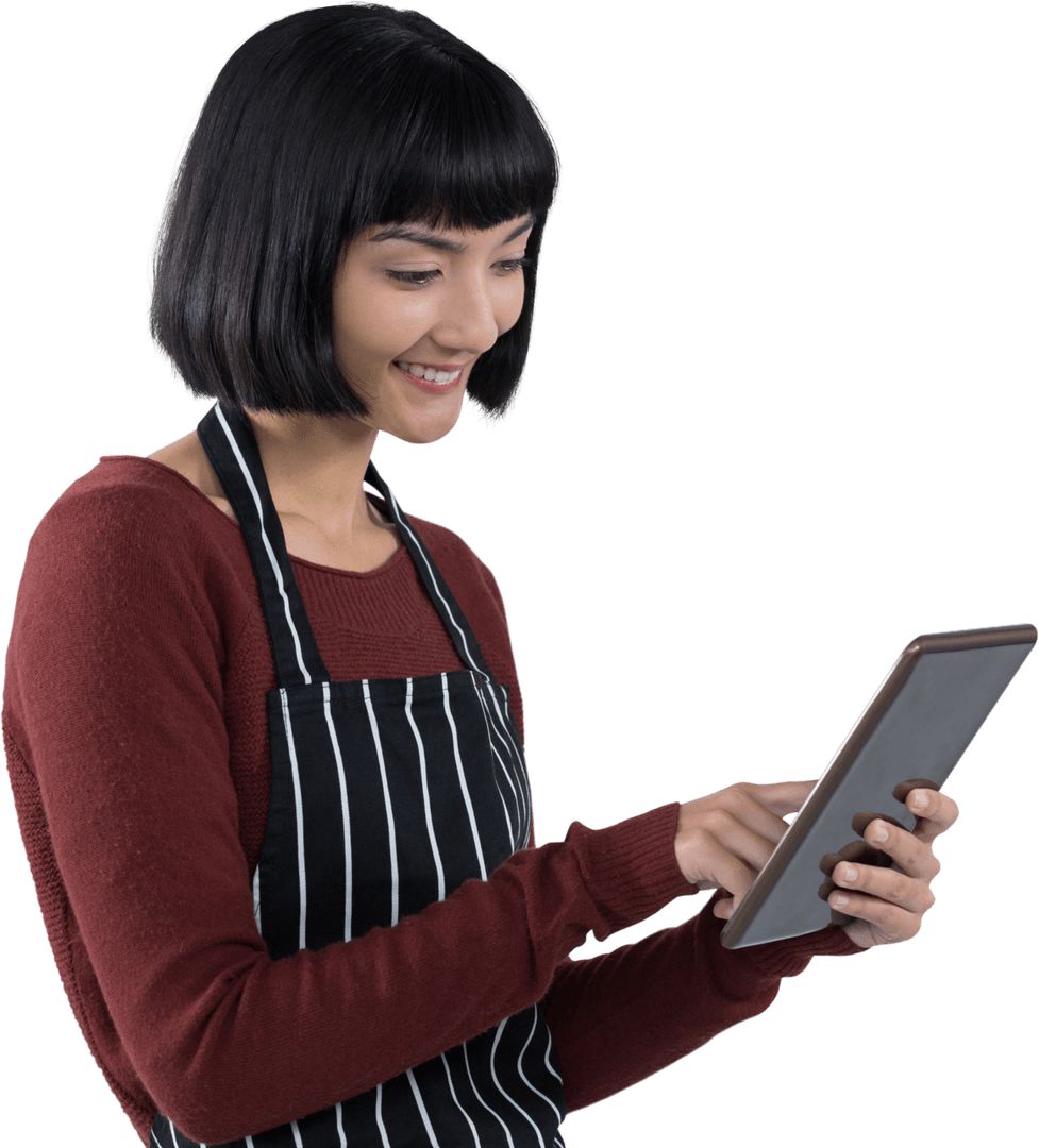 Smiling Waitress with Tablet Against Transparent Background