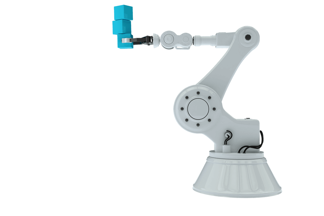 Transparent Robotic Arm Handling Blue Boxes