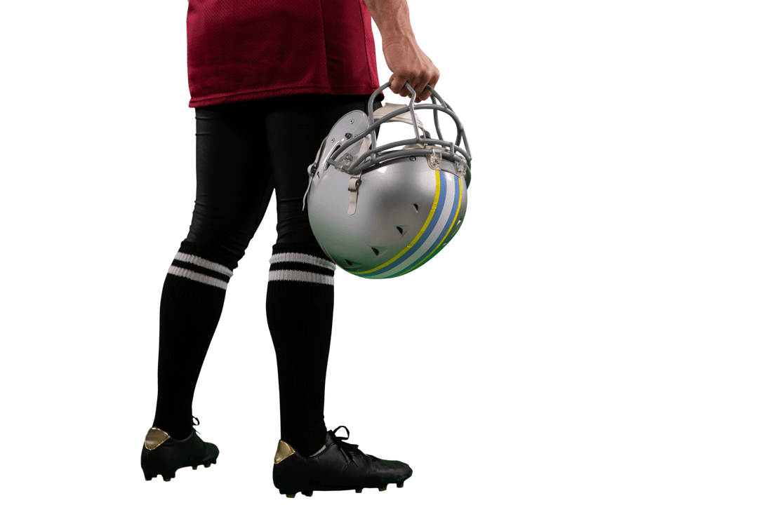 Athlete Holding American Football Helmet on Transparent Background