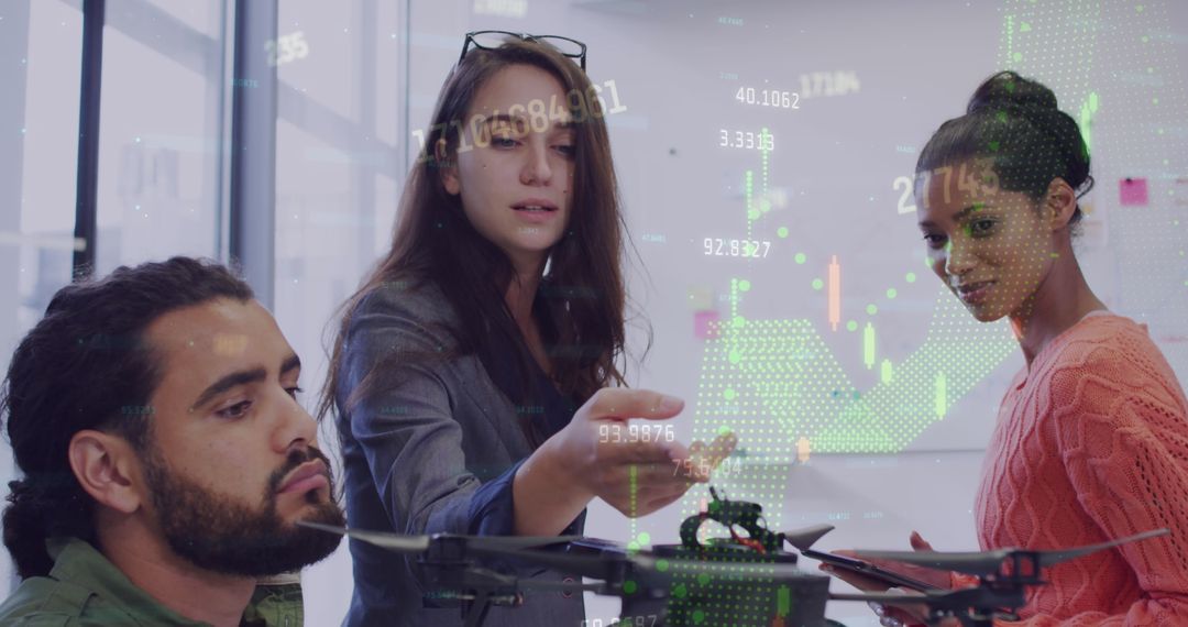Diverse Team Analyzing Financial Data with Drone Innovation