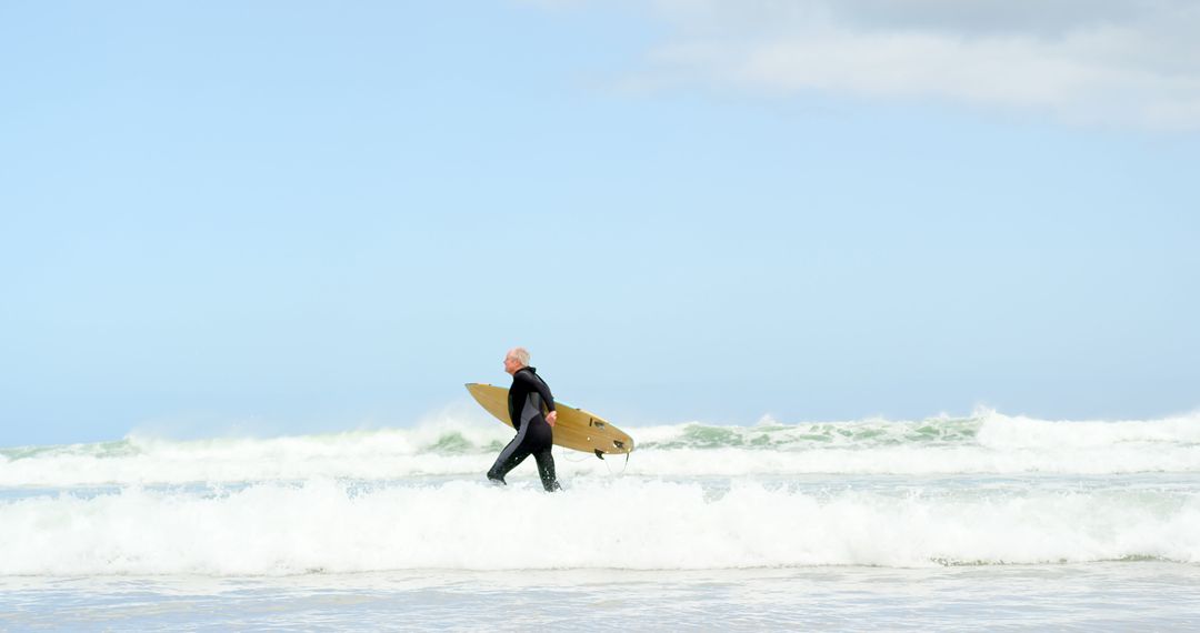 Senior Surfer Walking Into Ocean Waves with Surfboard - Free Images, Stock Photos and Pictures on Pikwizard.com