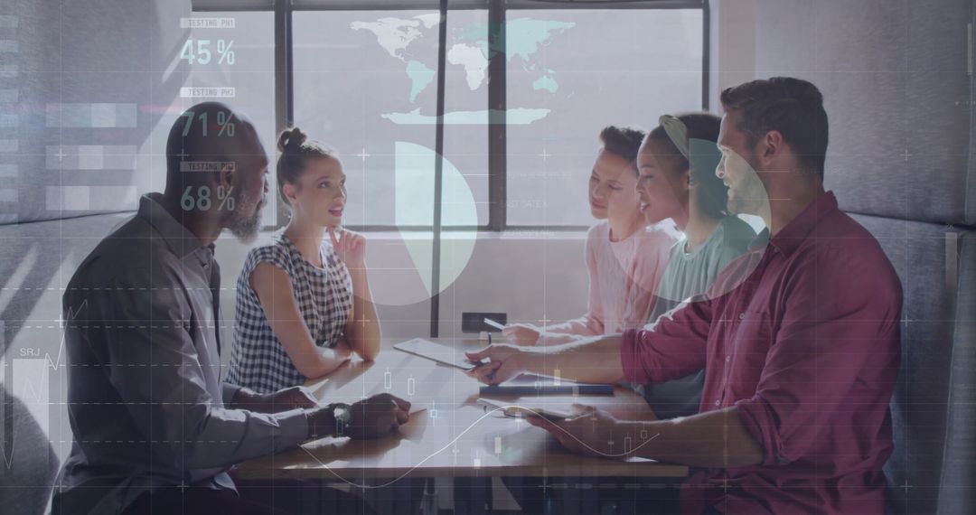 Diverse Team in Modern Office Meeting with Financial Data Overlay