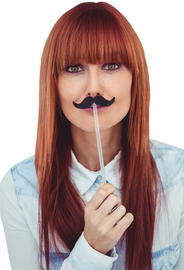 Transparent portrait of playful hipster woman with paper mustache prop - Download Free Stock Images Pikwizard.com