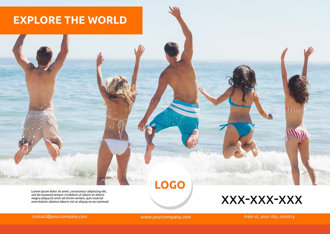 Image of kids running into sea perfect for family and camp ads.