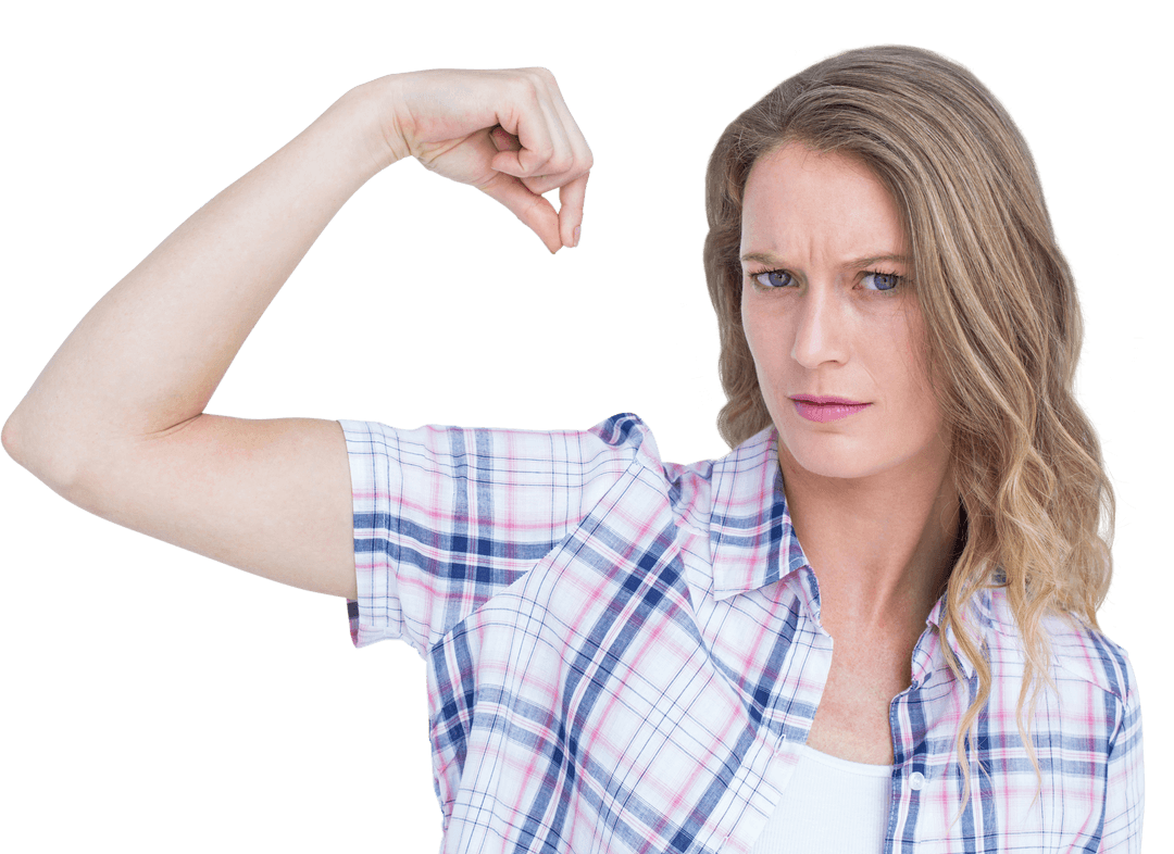 Confident Female Flexing Arm on Transparent Background
