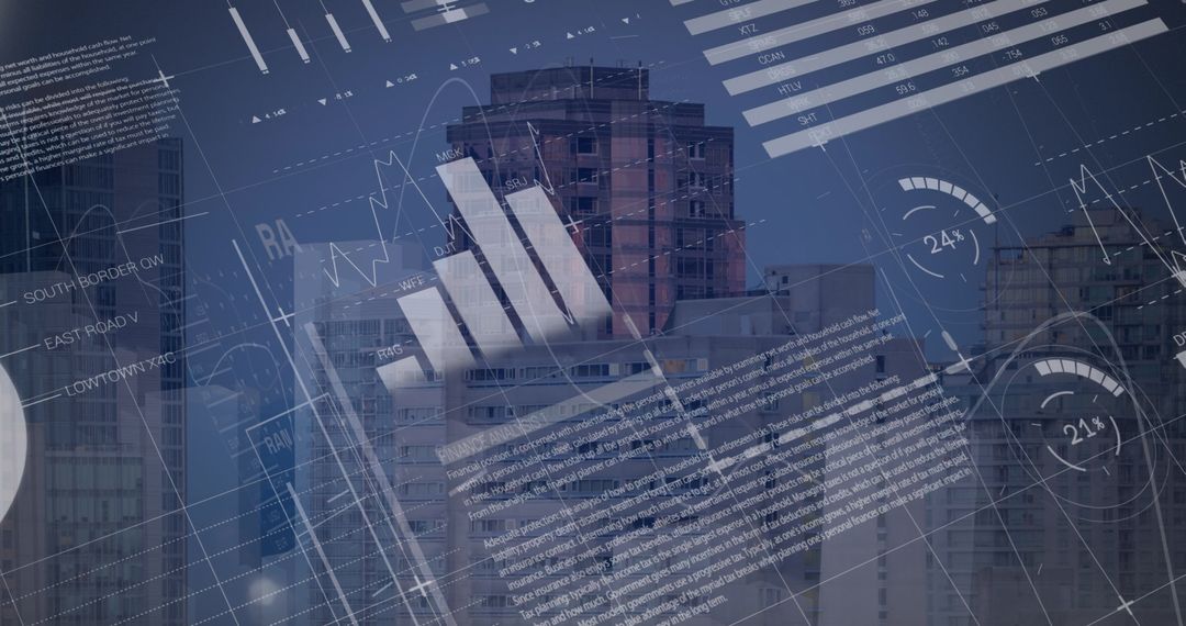 Digital Data Visualization Over Modern City Skyline